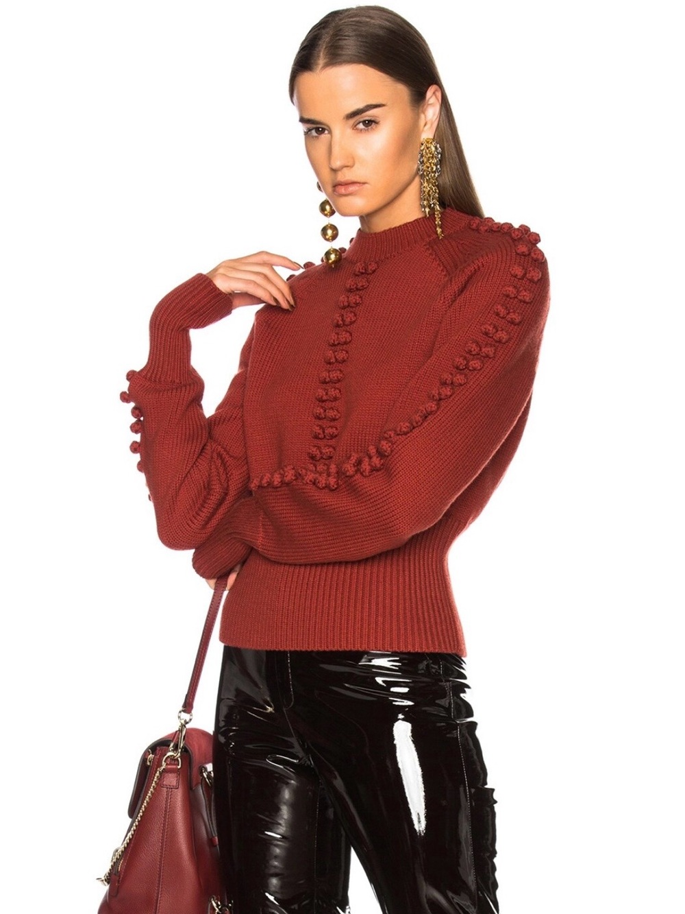Chloe Bobble Knit Crew Neck Sweater in Ginger Red - Size XS